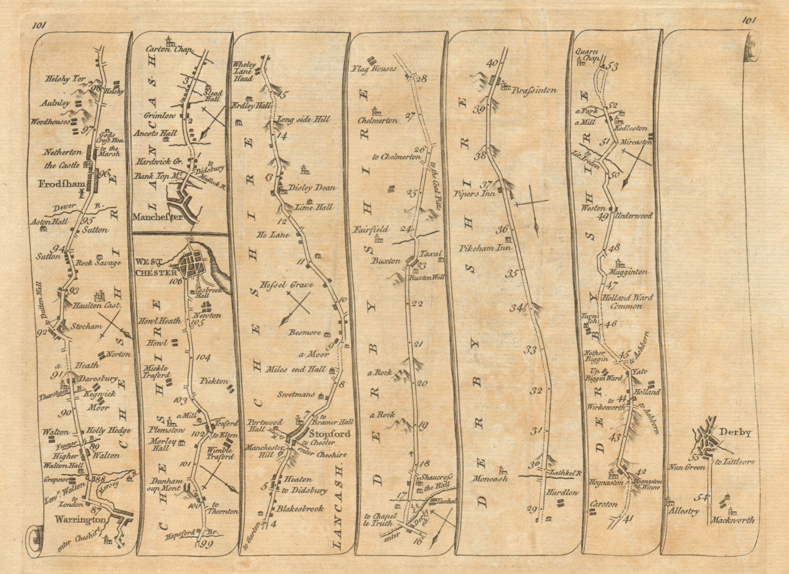 Warrington Chester Manchester Stockport Buxton Derby. KITCHIN road map 1767